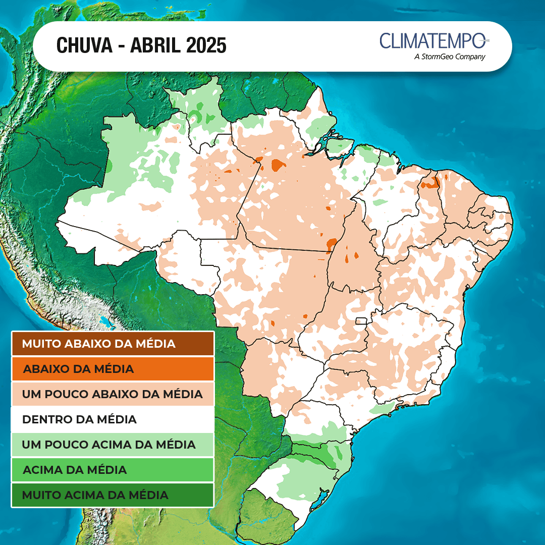 Volume de chuva em abril de 2025 deve ficar um pouco abaixo do normal na maior parte do Brasil.