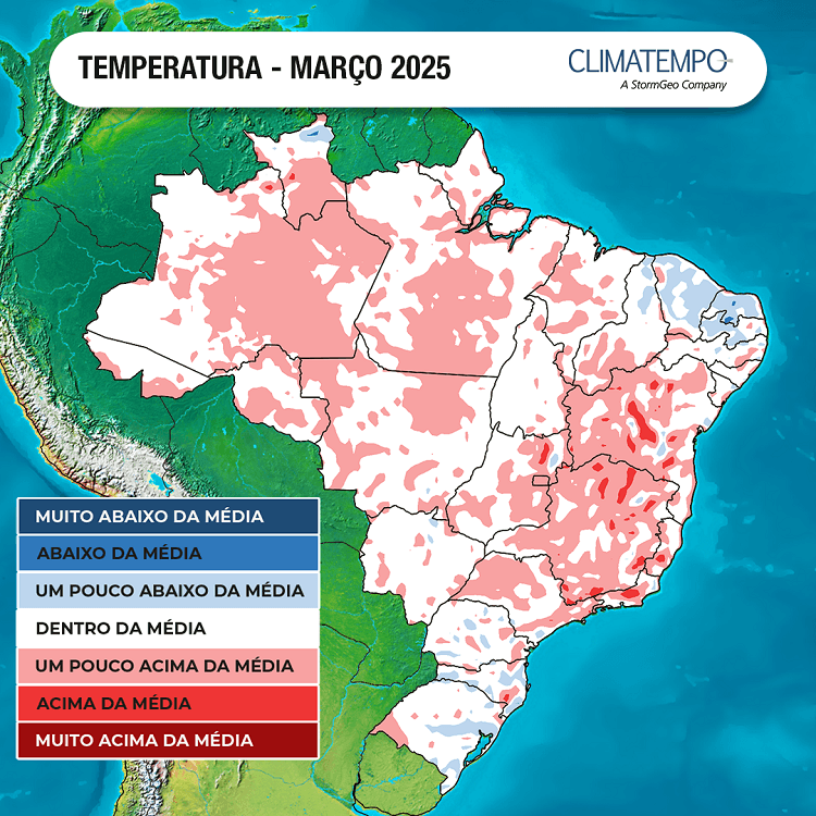 Previsão da anomalia de temperatura para março de 2025, baseada em modelos de clima computacionais (Arte: Climatempo)