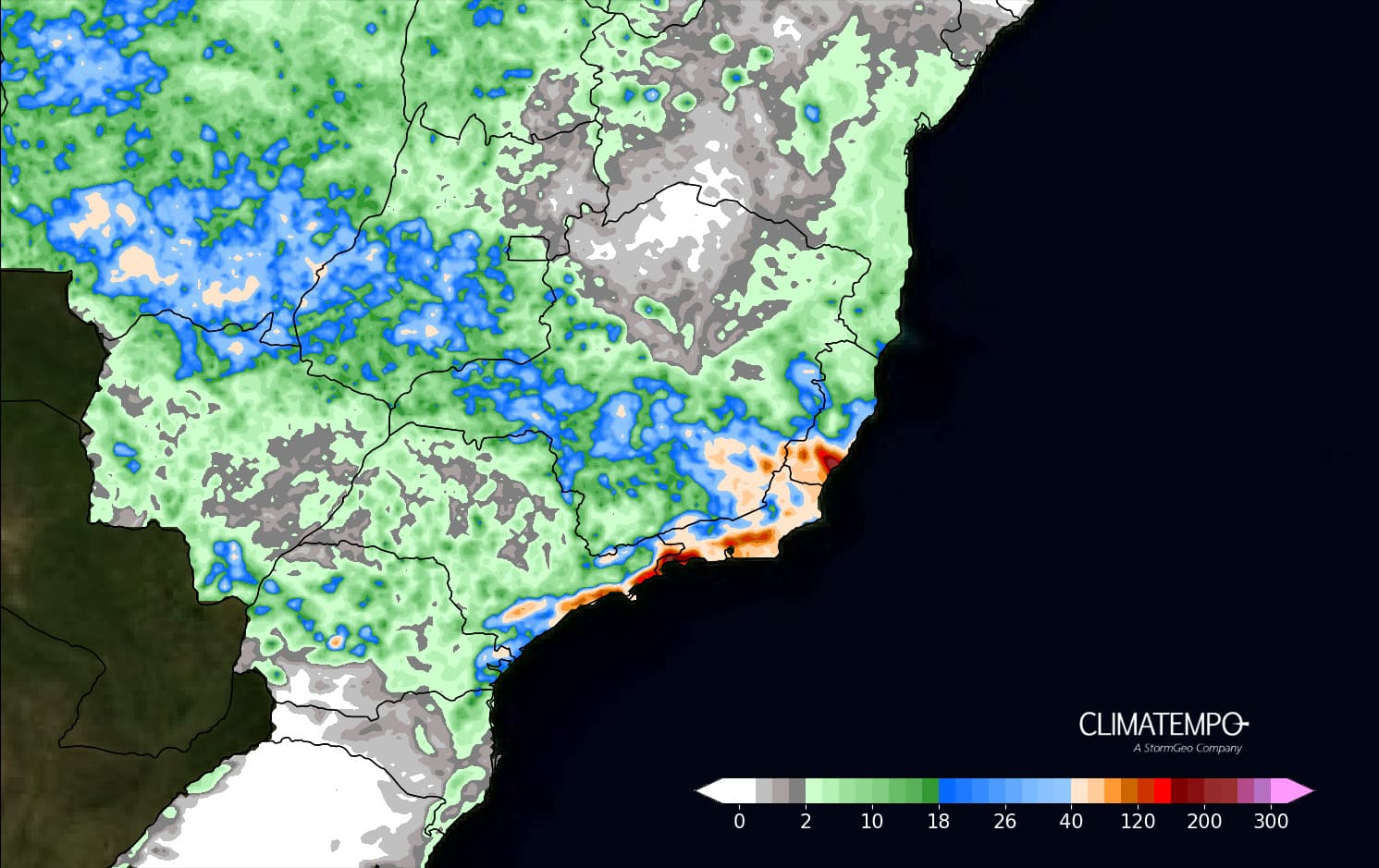 Figura 1- Acumulado de chuva previsto entre 05 de abril e dia 07 de abril de 2025. Fonte: Climatempo.