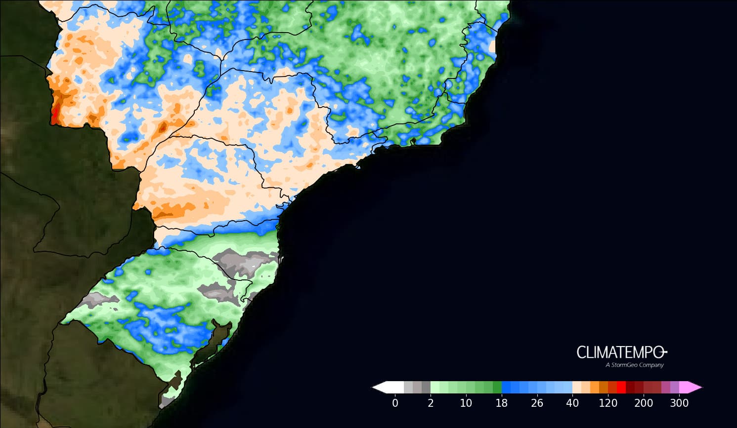 Figura 1- Acumulado de chuva previsto entre 23 de abril de 2025 e 27 de abril de 2025. Fonte: Climatempo.