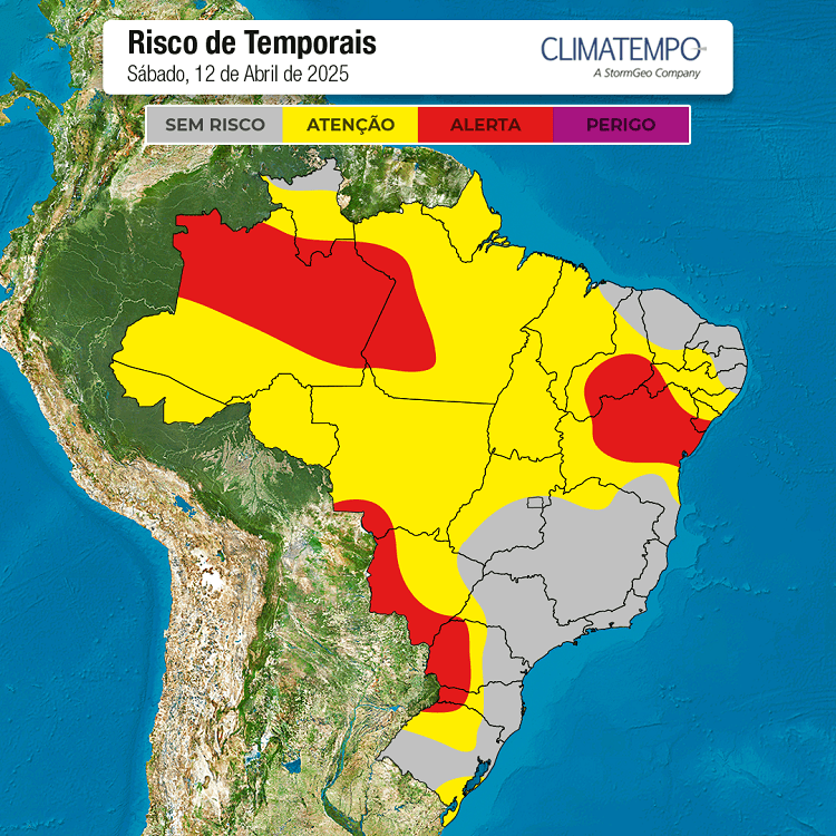 Mapa de áreas com risco de temporal e de chuva moderada da forte no Brasil, em 12/4/25 (Fonte: Climatempo)