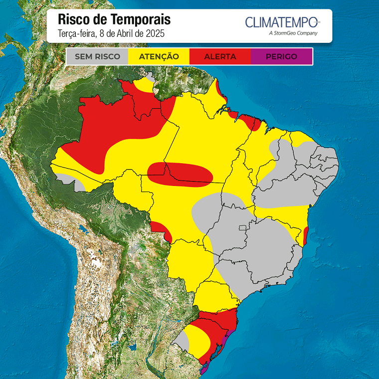 Mapa de risco de temporais e de chuva moderada a forte para 8/4/25 (Fonte: Climatempo)