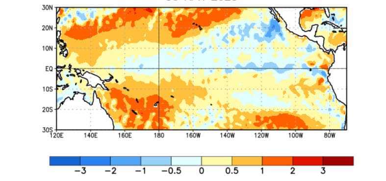 Figura 1. Anomalias médias da temperatura da superfície do mar (°C) para a semana centrada em 30 de abril de 2025. As anomalias são calculadas em relação às médias semanais do período-base de 1991 a 2020.