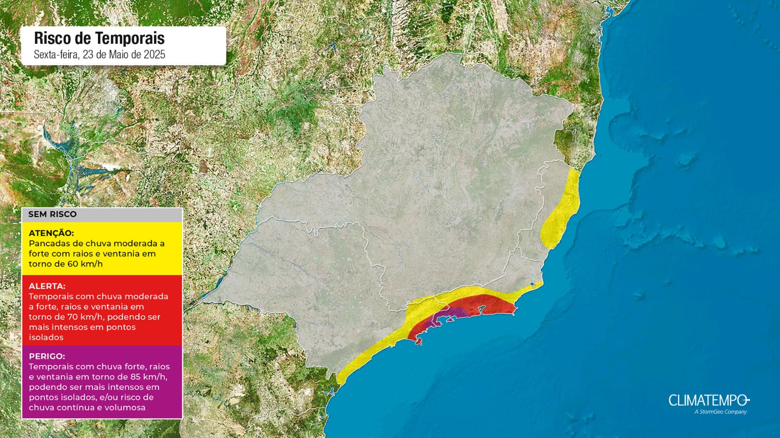 Figura 1- Mapa de risco para temporais nesta sexta-feira 23 de maio de 2025.