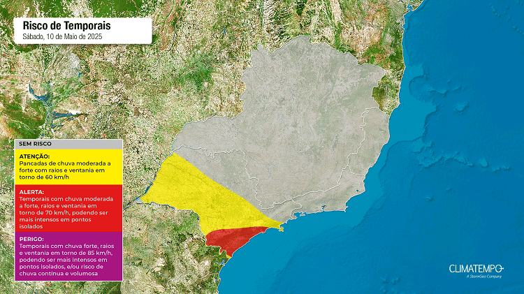 Mapa de risco de chuva forte no Sudeste do Brasil, para 9/5/2025 Mapa de risco de chuva forte no Sudeste do Brasil, para 9/5/2025