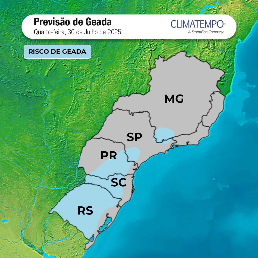 Áreas com risco de geada em 30/7/2025
