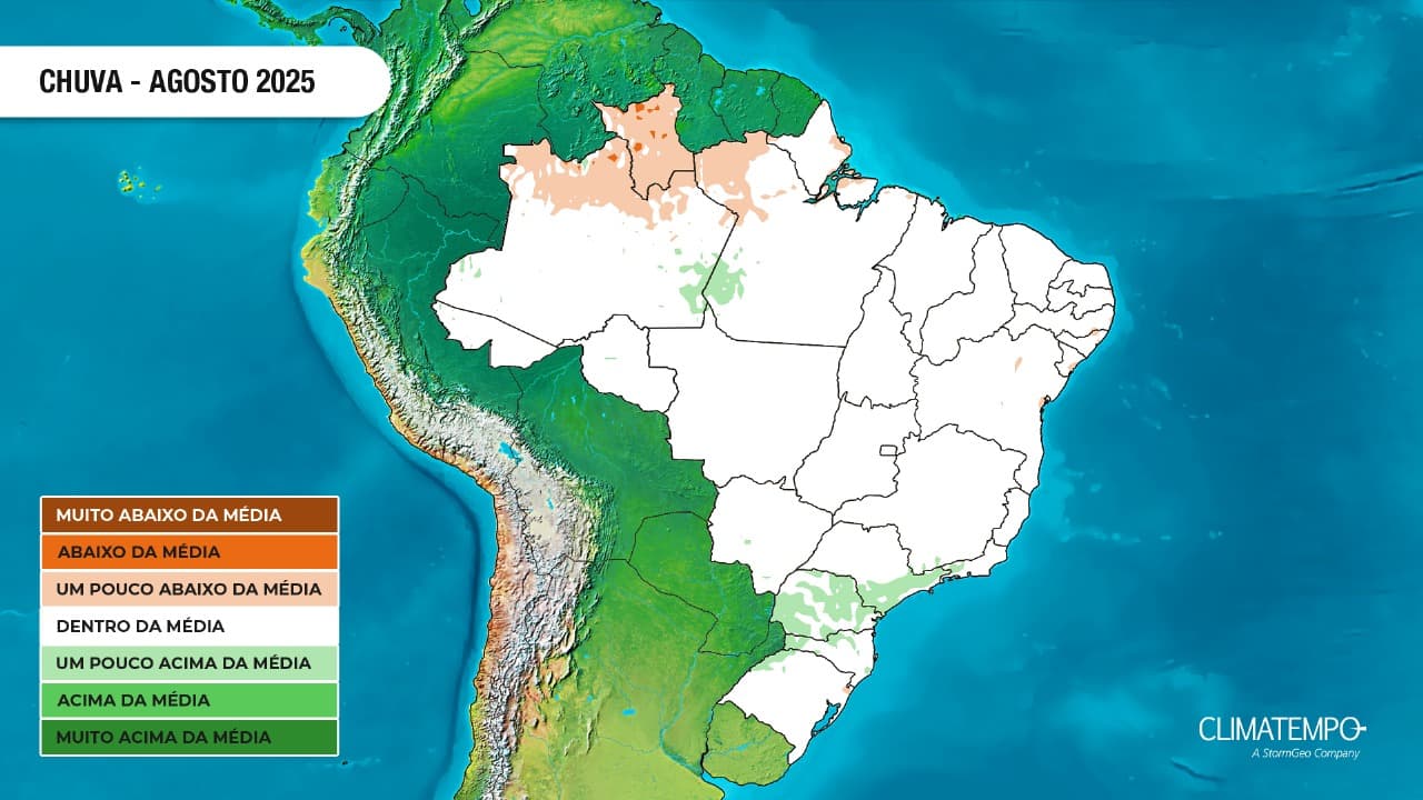 Tendência do volume de chuva nio Brasil em agosto de 2025: chuva  um pouco acima do normal em áreas do Sul, do Sudeste e do Centro-Oeste