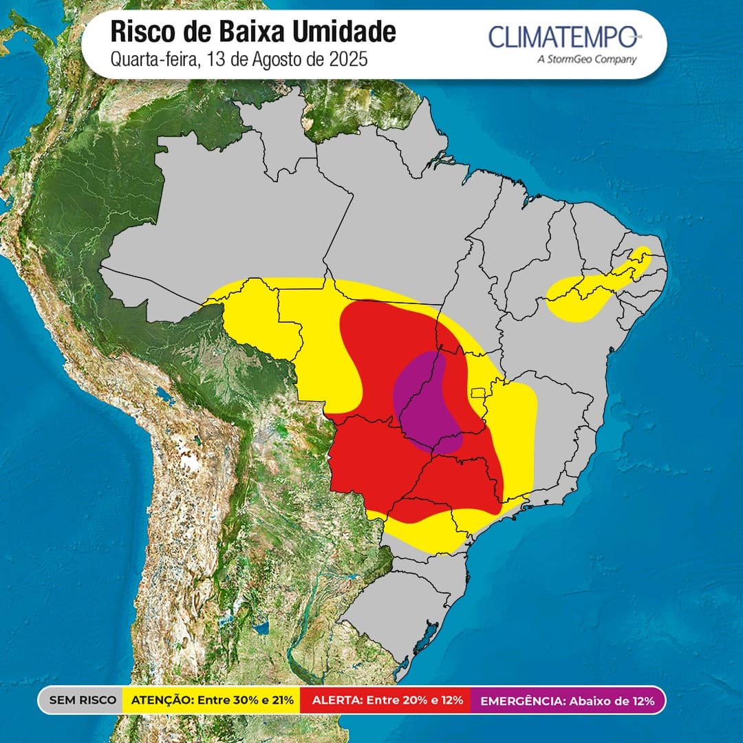 Imagem da notícia Ar seco se prolonga no interior do Brasil e URA pode registrar índices de emergência