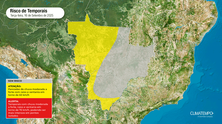 Áreas de amarelo indicam regiões com maior concentração de umidade e maior possibilidade de chuva