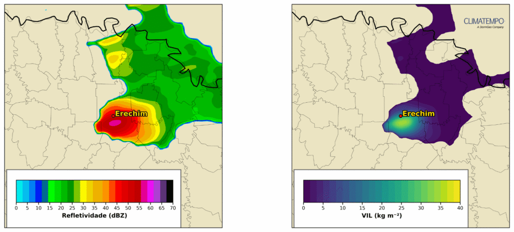 Figura 1: Imagens do radar meteorológico de Porto Alegre às 16h45 do dia 23 de novembro de 2025, mostrando a tempestade de granizo sobre Erechim. Na esquerda temos a refletividade (dBZ) e na direita a massa de água integrada verticalmente (VIL).Fonte: Climatempo e CMDEC / Defesa Civil Estadual. Figura 1: Imagens do radar meteorológico de Porto Alegre às 16h45 do dia 23 de novembro de 2025, mostrando a tempestade de granizo sobre Erechim. Na esquerda temos a refletividade (dBZ) e na direita a massa de água integrada verticalmente (VIL).Fonte: Climatempo e CMDEC / Defesa Civil Estadual.