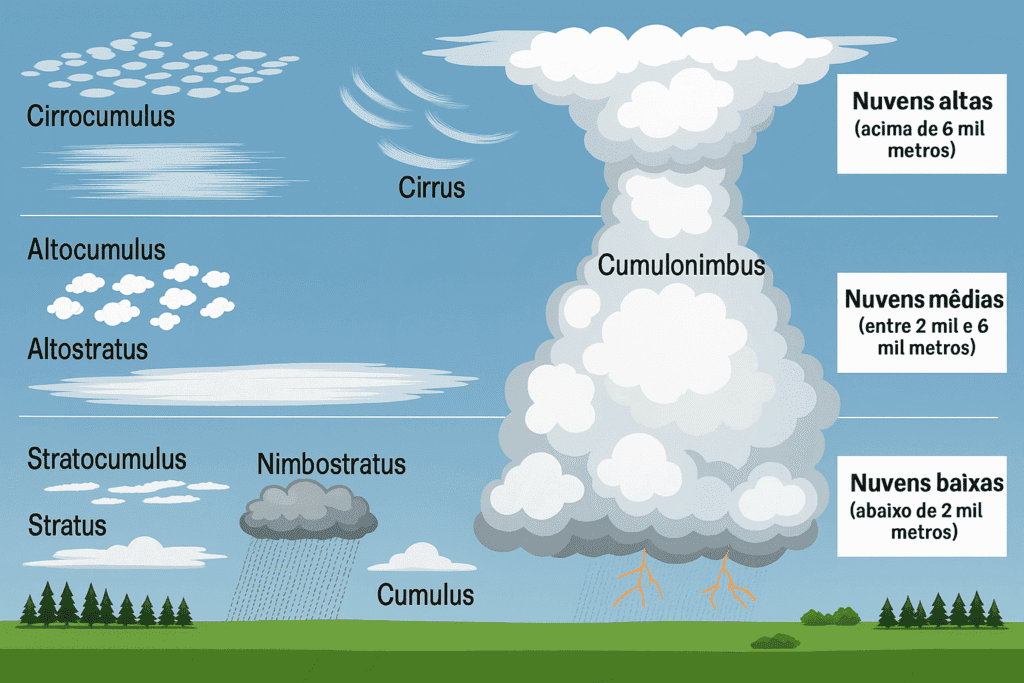 Imagem ilustrativa com diferentes tipos de nuvens — cirrus, cumulus, cumulonimbus, nimbostratus — e suas classificações por altitude.