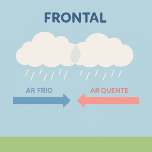 Ilustração mostrando o encontro entre massas de ar frio e ar quente que formam chuvas frontais.