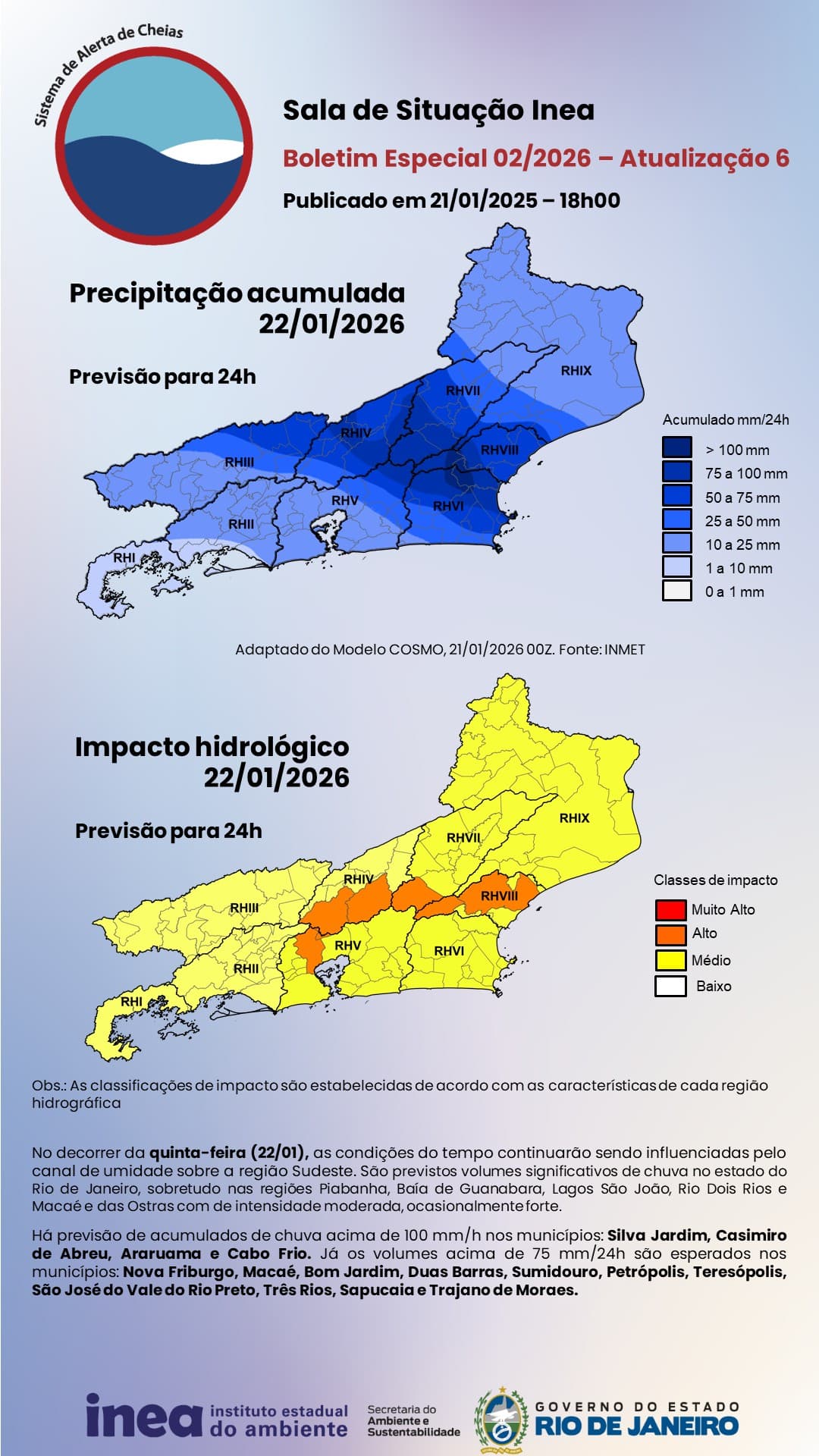 Volumes de chuva previstos pelo INEA para o RJ, para 22/1/2026 Volumes de chuva previstos pelo INEA para o RJ, para 22/1/2026