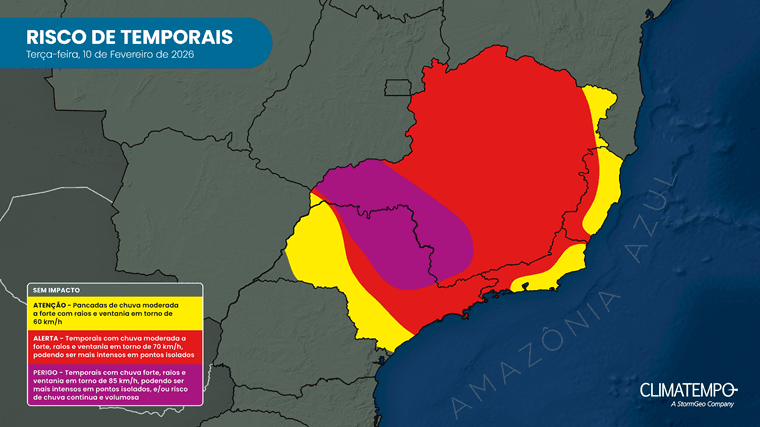 Risco de chuva forte e de temporal no Sudeste para 10/2/26