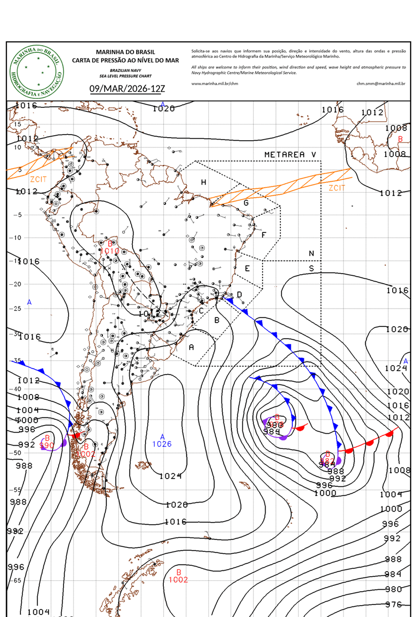 Carta meteorológica da Marinha do Brasil mostrando a posição das frentes frias (curvas com triângulos azuis), das baixas pressões atmosféricas (letra B em vermelhor) e de altas pressões (letra A em azul), às 9h BRT (12 UTC) de 9/3/26
