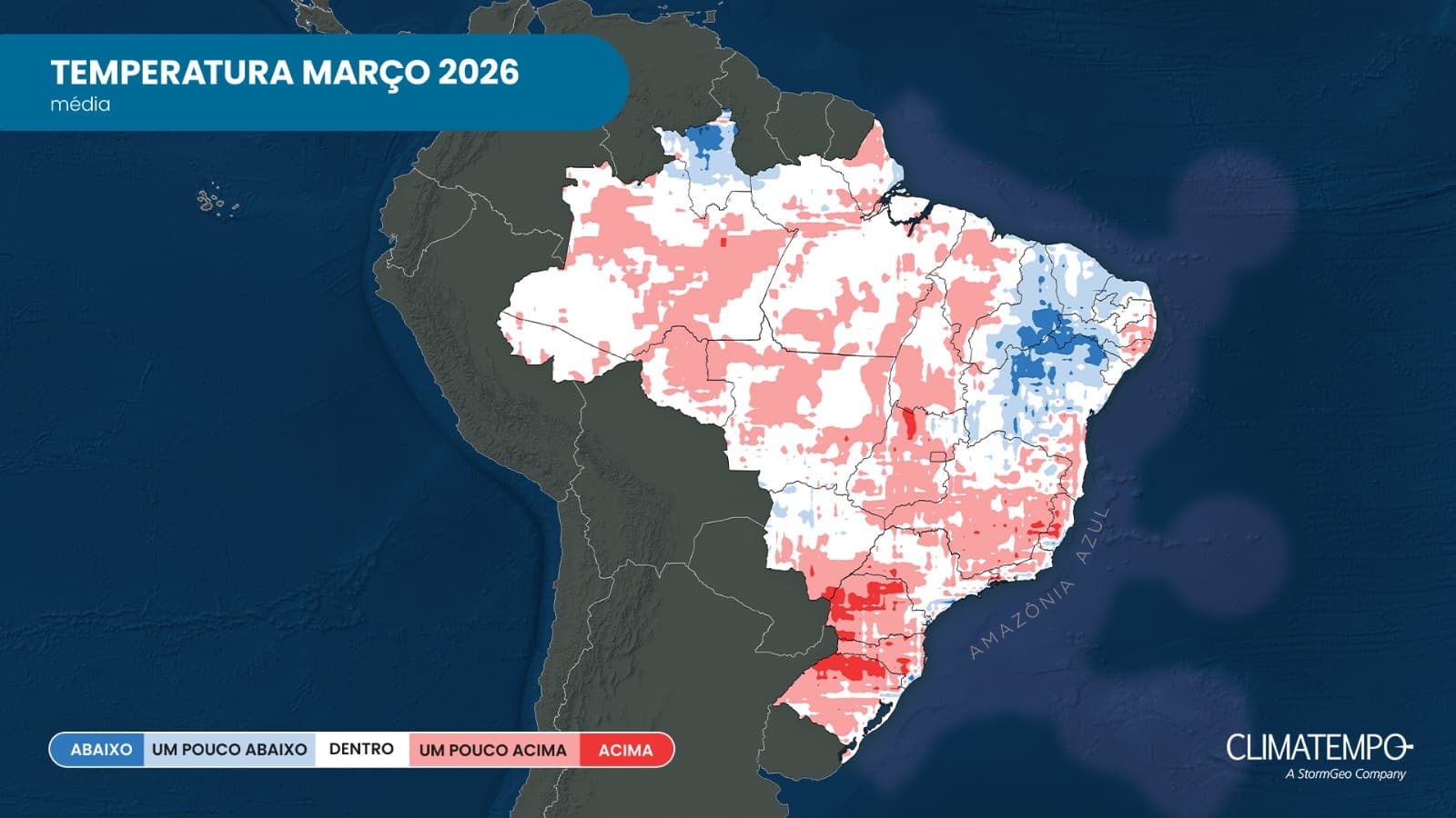 Previsão da anomalia de temperatura para março de 2026; tons de azul indicam temperatura abaixo da média; tons de vermelho indicam temperatura acima da média