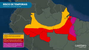 Mapa de risco para temporais nesta quarta-feira (4)