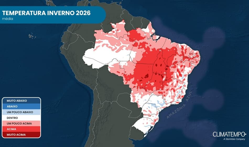 Previsão da anomalia de temperatura para o inverno de 2026 no Brasil. Os tons de vermelho indicam temperatura acima média e os tons em azul, temperatura abaixo da média climatológica para a estação. Previsão da anomalia de temperatura para o inverno de 2026 no Brasil. Os tons de vermelho indicam temperatura acima média e os tons em azul, temperatura abaixo da média climatológica para a estação.