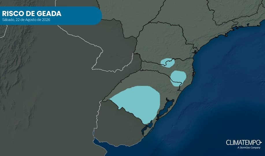 Áreas em azul indicam regiões com alta possibilidade de ocorrência de geada na madrugada de 22/8/26