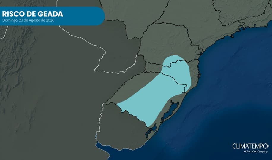 Áreas em azul indicam regiões com alta possibilidade de ocorrência de geada na madrugada de 23/8/26