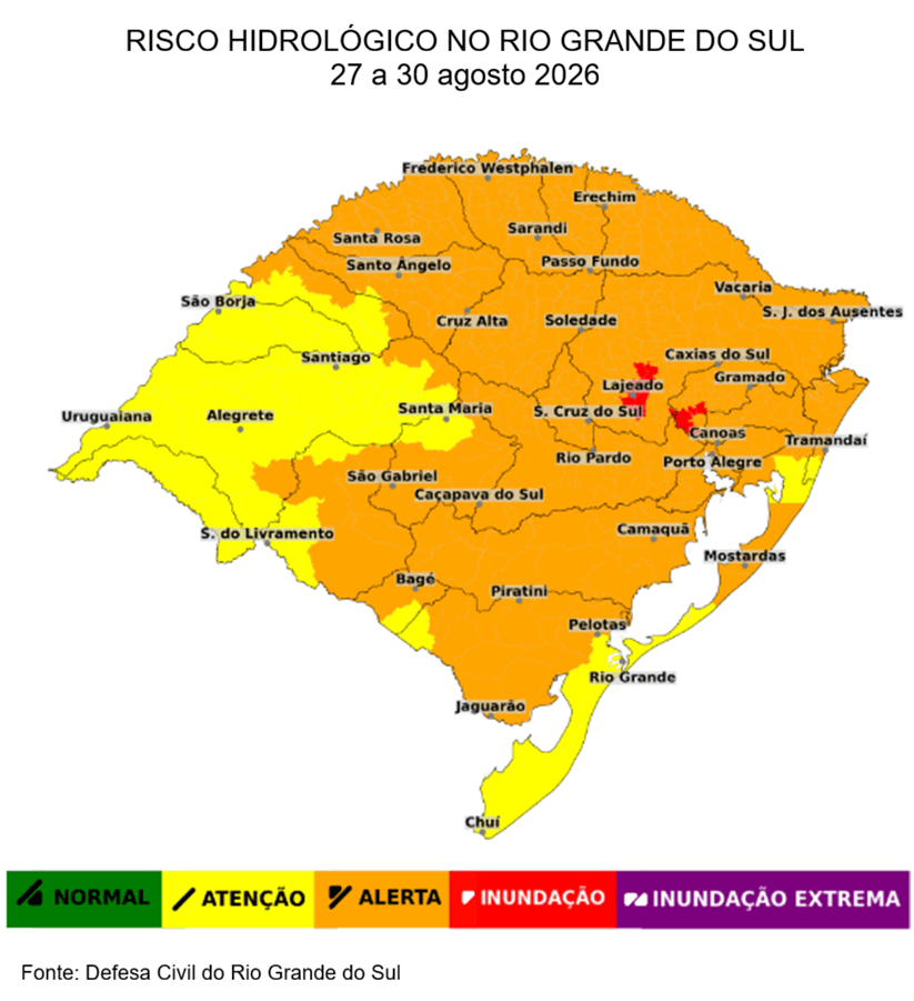 Risco de elevação do nível dos rios no RS entre 27 e 30 de agosto de 2026