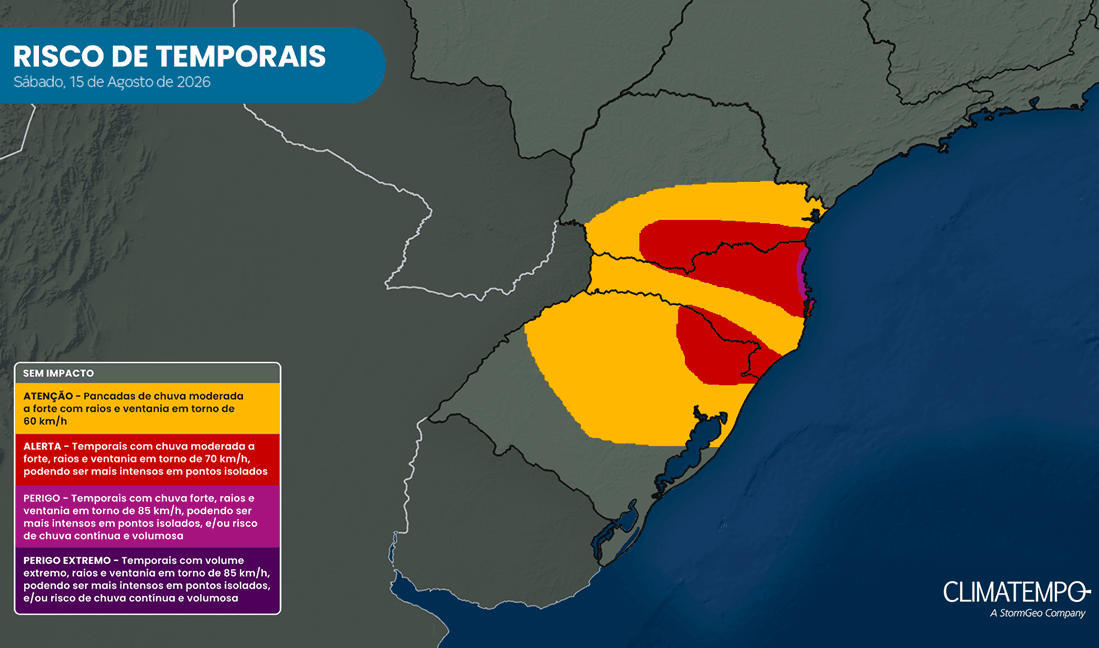 Risco de temporal no Sul do Brasil para 15/8/26