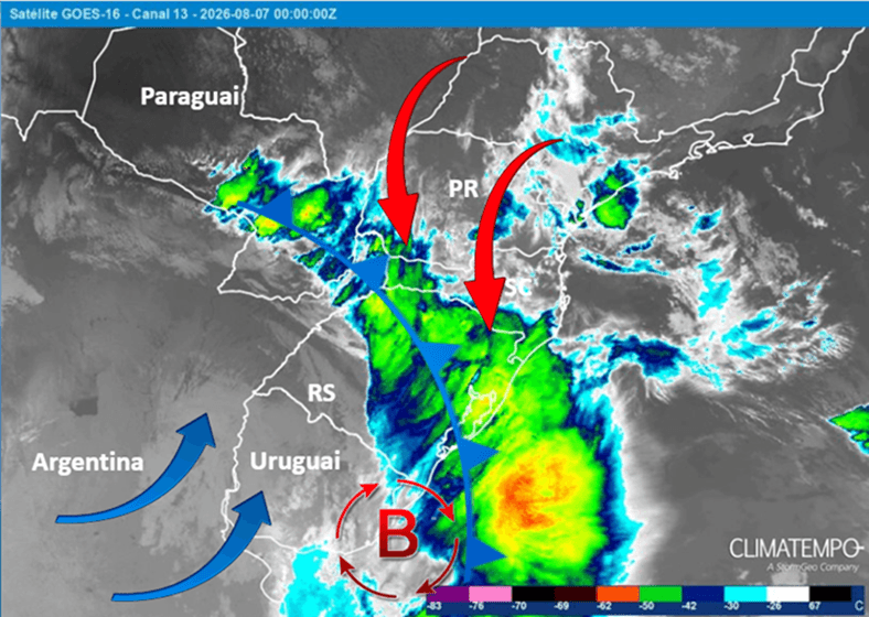 Imagem de nebulosidade capitada pelo satélite GOES 16 às 21h BRT de 6/8/2026: as manchas coloridas indicam nuvens; a letra B é a posição aproxomada do centro do ciclone extratropical; a curva azul com triângulos representa a frente fria formada com o ciclone extratropical; as setas vermelhas indicam ar quente e as setas azuis são o ar frio.