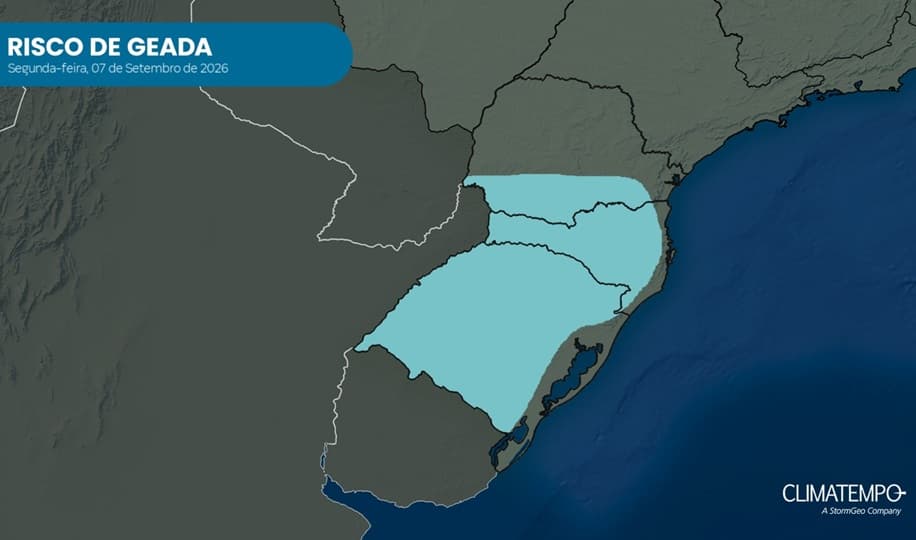 Risco de geada no Sul do Brasil para 7/9/2026