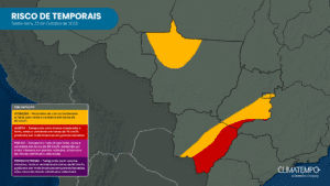 Mapa de risco de temporais na Região Centro-Oeste para sexta-feira (23/10).