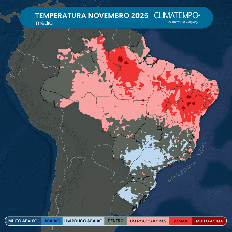 Anomalia de temperatura prevista para novembro de 2026: tons de azul indicam temperatura média de chuva abaixo da média e tons de vermelho, temperatura média acima da média