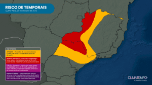 Mapa de risco de temporais na Região Sudeste para quarta-feira (28/10).