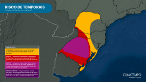 Mapa de risco de temporais na Região Sul para sábado (03/10).