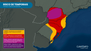 Mapa de risco de temporais na Região Sul para domingo (04/10).