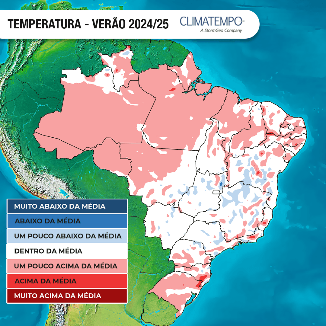 Tendência da temperatura no Brasil no verão 2025 (Fonte: Climatempo)