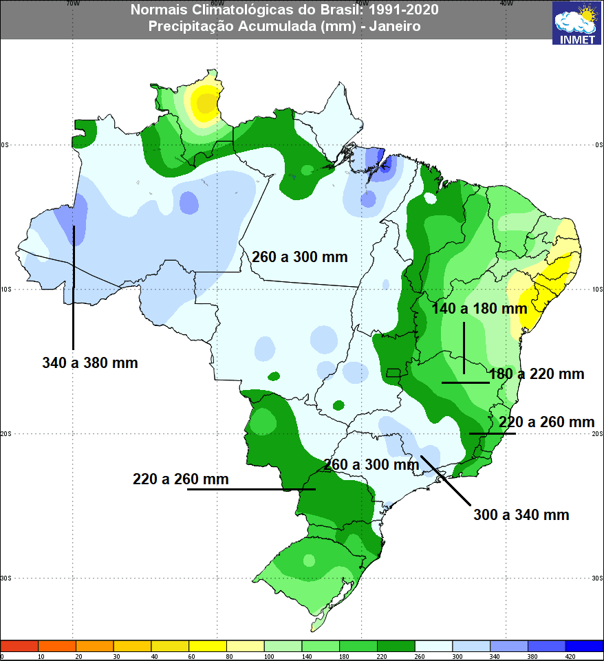 Distribuição da média de chuva para Janeiro no Brasil, conforme cálculos oficiais do Instituto Nacional de Meteorologia, para o período de 1991 a 2020. Distribuição da média de chuva para Janeiro no Brasil, conforme cálculos oficiais do Instituto Nacional de Meteorologia, para o período de 1991 a 2020.