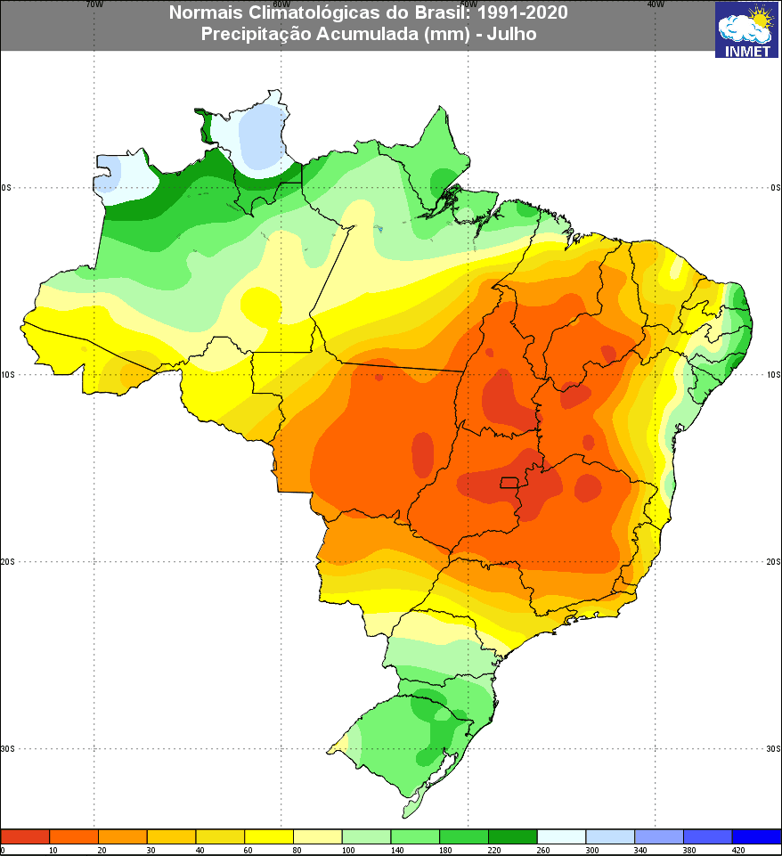 Distribuição da média de chuva para julho no Brasil, conforme cálculos oficiais do Instituto Nacional de Meteorologia, para o período de 1991 a 2020. Distribuição da média de chuva para julho no Brasil, conforme cálculos oficiais do Instituto Nacional de Meteorologia, para o período de 1991 a 2020.