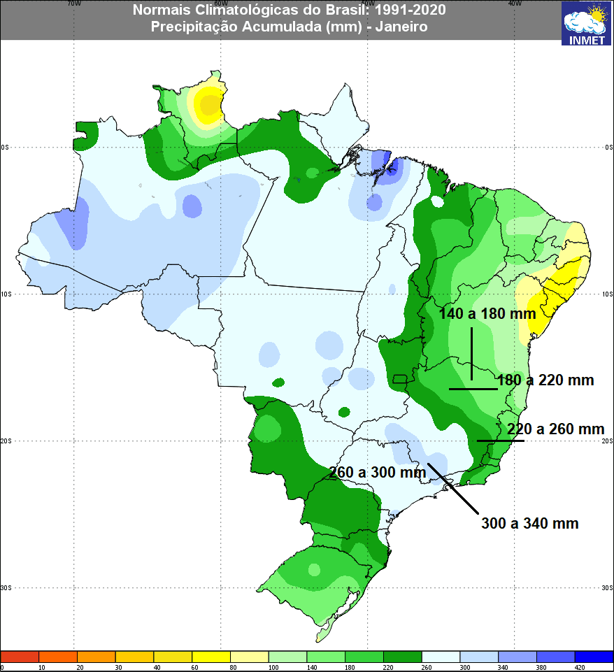 Climatologia de precipitação em janeiro na região Sudeste (Fonte: Inmet) Climatologia de precipitação em janeiro na região Sudeste (Fonte: Inmet)