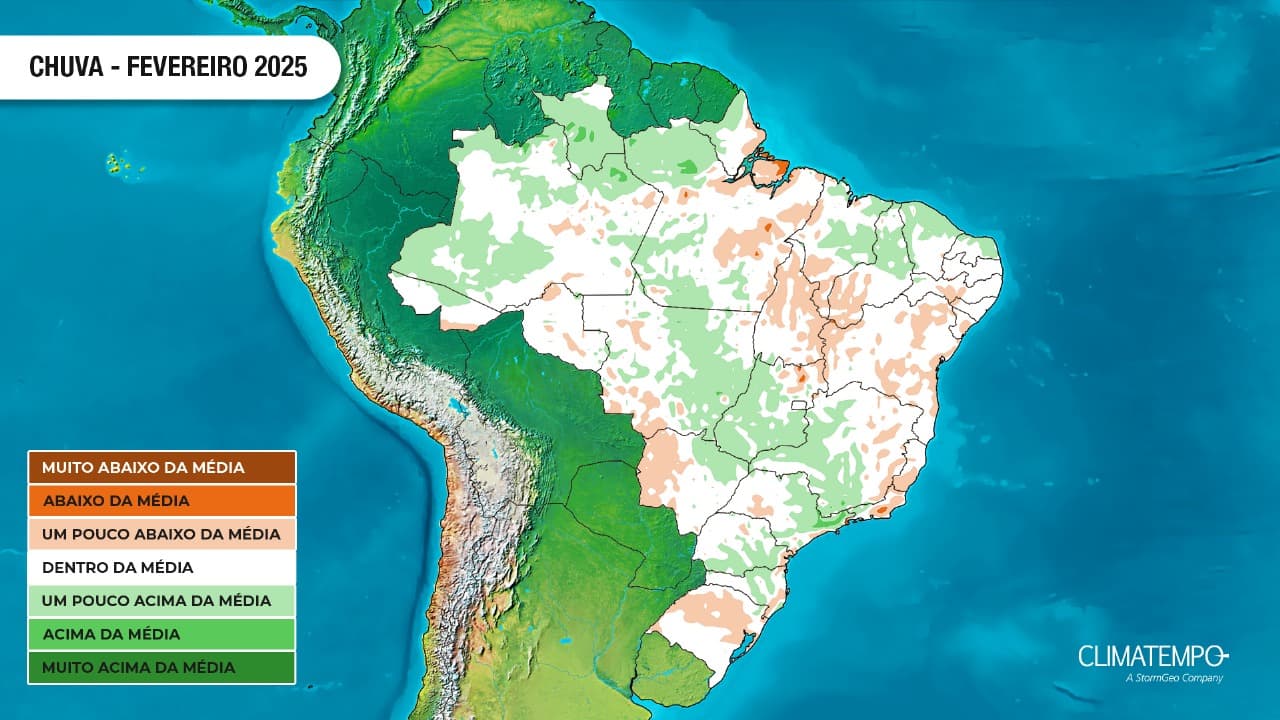 Previsão da anomalia de precipitação para fevereiro de 2025 (Fonte: Climatempo) Previsão da anomalia de precipitação para fevereiro de 2025 (Fonte: Climatempo)