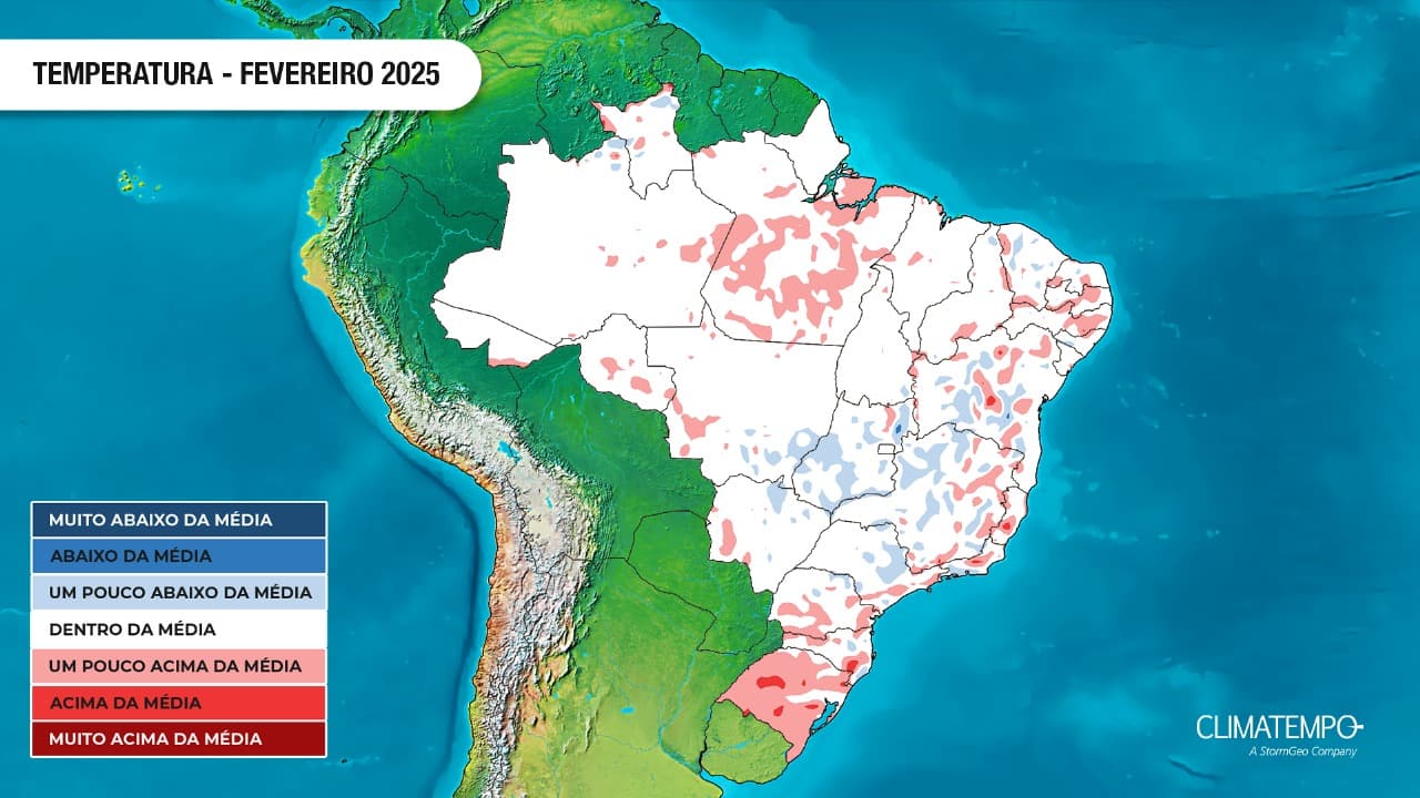 Previsão da anomalia de temperatura para fevereiro de 2025 (Fonte: Climatempo) Previsão da anomalia de temperatura para fevereiro de 2025 (Fonte: Climatempo)