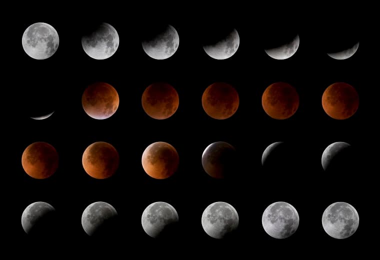 Diversas fases de um eclipse lunar total. O ponto máximo é quando a lua cheia fica avermelhada (Foto-montagem: Getty Imagens) Diversas fases de um eclipse lunar total. O ponto máximo é quando a lua cheia fica avermelhada (Foto-montagem: Getty Imagens)