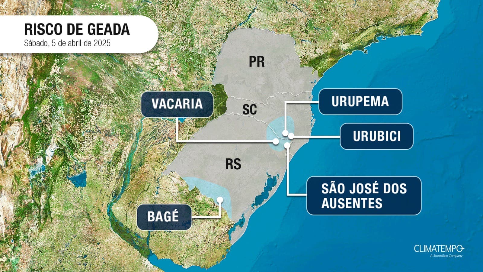 Risco de geada em áreas do RS e de SC no primeiro fim de semana de abril (Fonte: Climatempo) Risco de geada em áreas do RS e de SC no primeiro fim de semana de abril (Fonte: Climatempo)