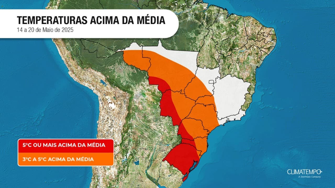 Figura 1 - Mapa de temperaturas acima da média nos próximos dias. Fonte: Climatempo. Figura 1 - Mapa de temperaturas acima da média nos próximos dias. Fonte: Climatempo.