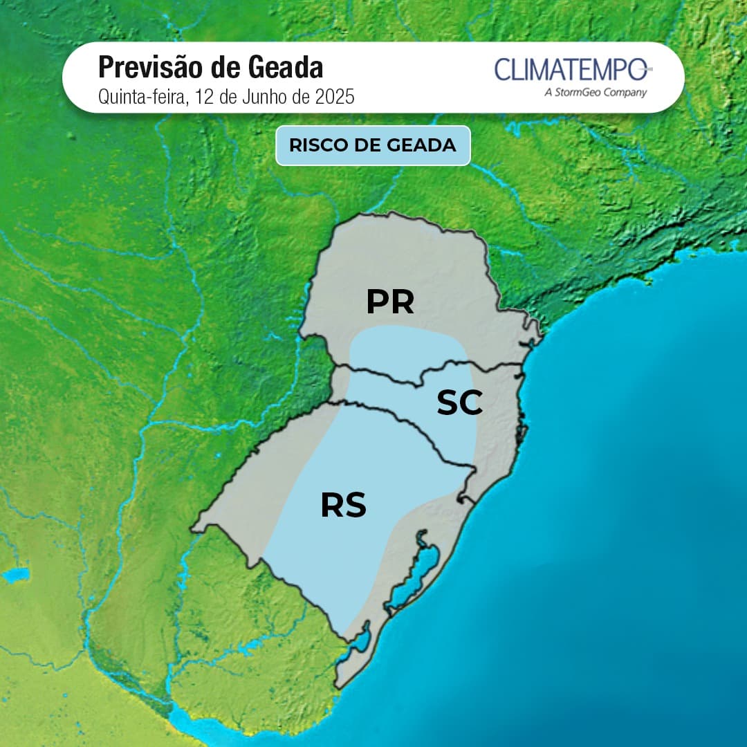As áreas em azul claro são as mais propícias para formação de geada em 12/6/25 As áreas em azul claro são as mais propícias para formação de geada em 12/6/25