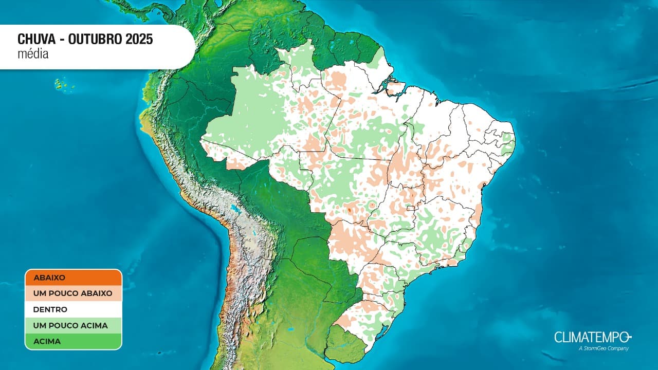 Estimativa da anomalia da precipitação sobre o Brasil em outubro de 2025 Estimativa da anomalia da precipitação sobre o Brasil em outubro de 2025