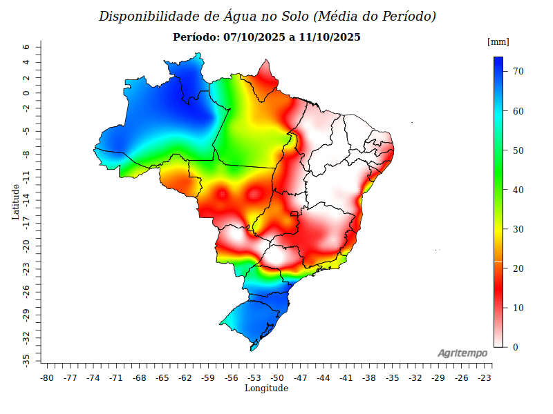 Disponibilidade de água no solo no Brasil entre 7 e 11 de outubro de 2025. Disponibilidade de água no solo no Brasil entre 7 e 11 de outubro de 2025.