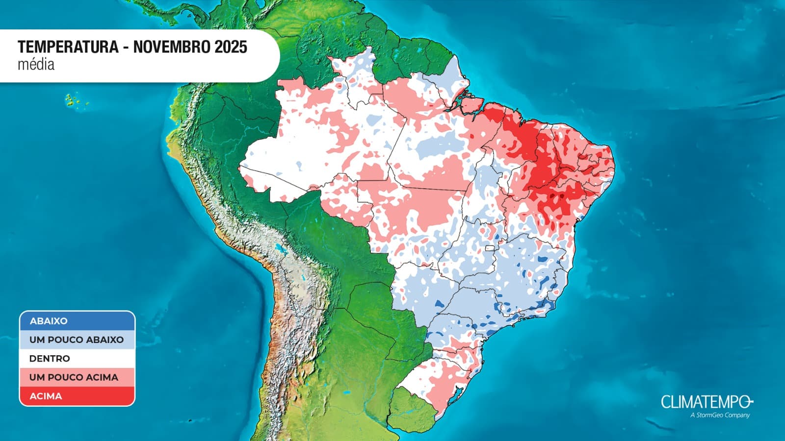 Anomalia da temperatura média no Brasil estimada para novembro de 2025: tons de azul indicam temperatura abaixo da média e, tons de vermelho, temperatura acima da média. Anomalia da temperatura média no Brasil estimada para novembro de 2025: tons de azul indicam temperatura abaixo da média e, tons de vermelho, temperatura acima da média.
