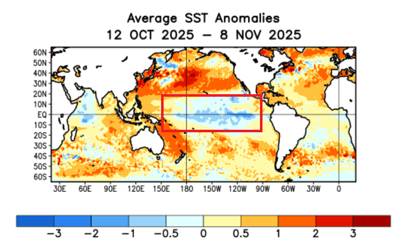 Presença do La Niña. Fonte: NOAA. Presença do La Niña. Fonte: NOAA.
