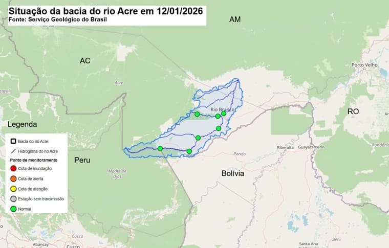 Situação do nível dos rios da bacia do rio Acre, na manhã de 12/01/2026 Situação do nível dos rios da bacia do rio Acre, na manhã de 12/01/2026