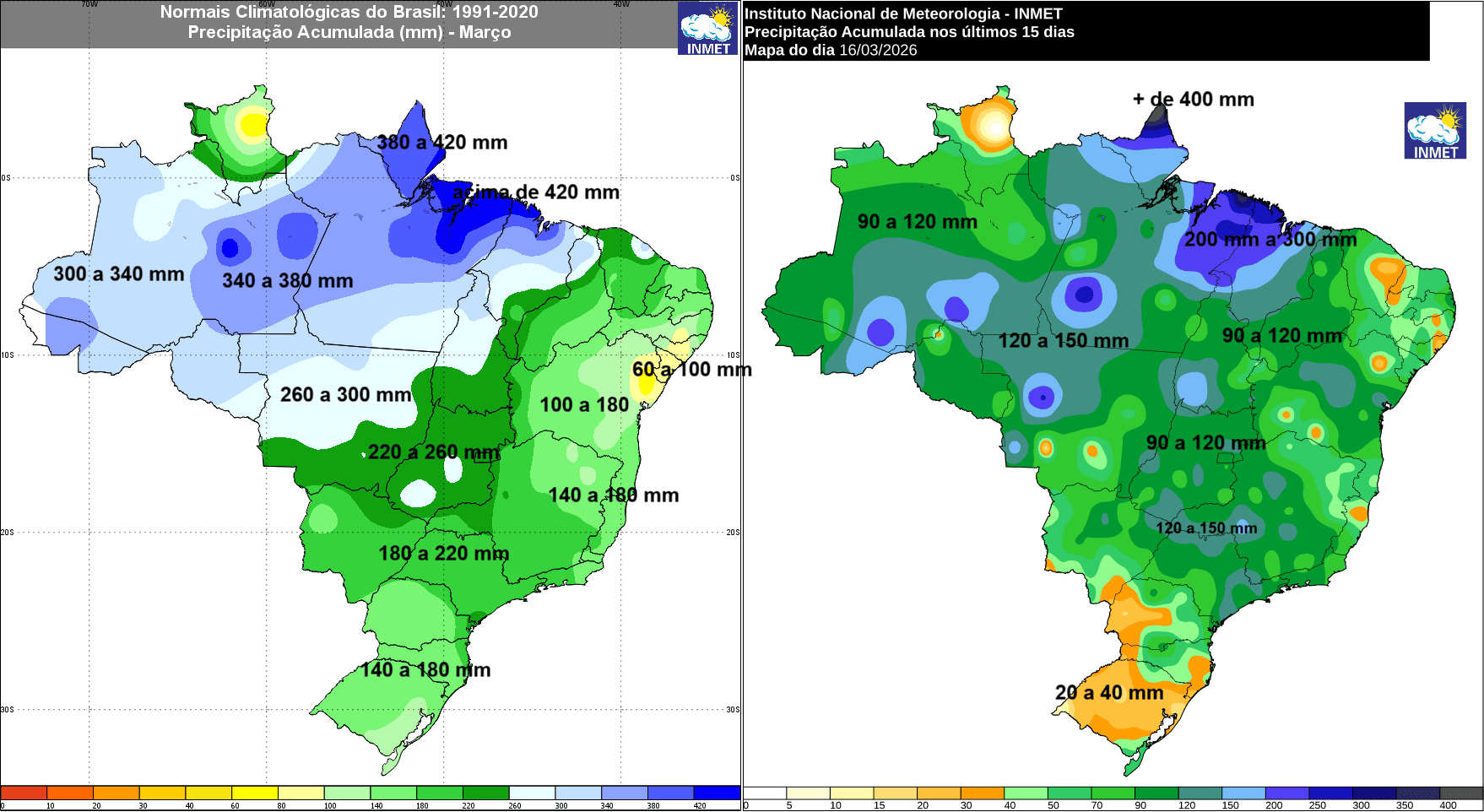 Média histórica de precipitação para março (esquerda) e acumulado de chuva da primeira quinzena de março de 2026 (direita) Média histórica de precipitação para março (esquerda) e acumulado de chuva da primeira quinzena de março de 2026 (direita)