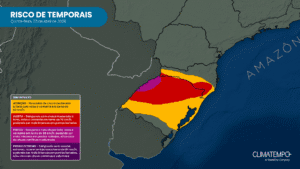 Mapa de risco para temporais nesta quinta-feira (23). Mapa de risco para temporais nesta quinta-feira (23).